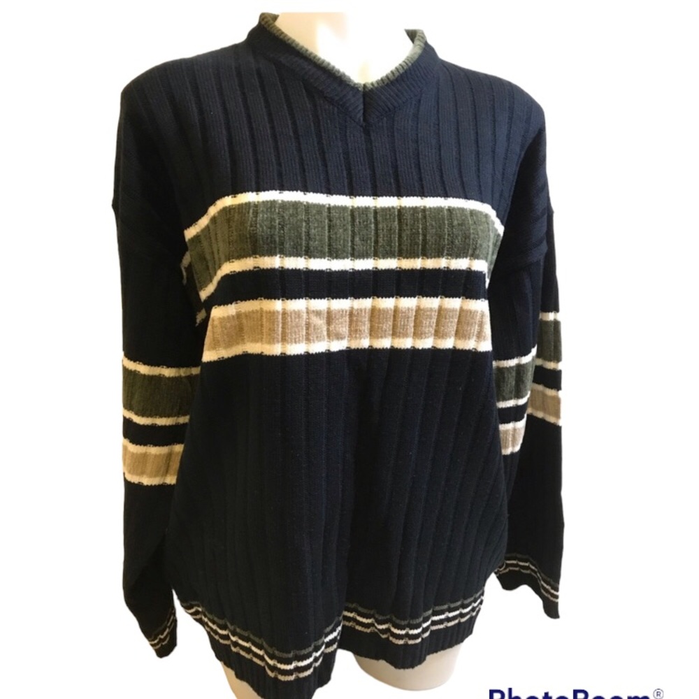19.  Men’s R2 Black Green Tan Striped Long Sleeve V-Neck Sweater